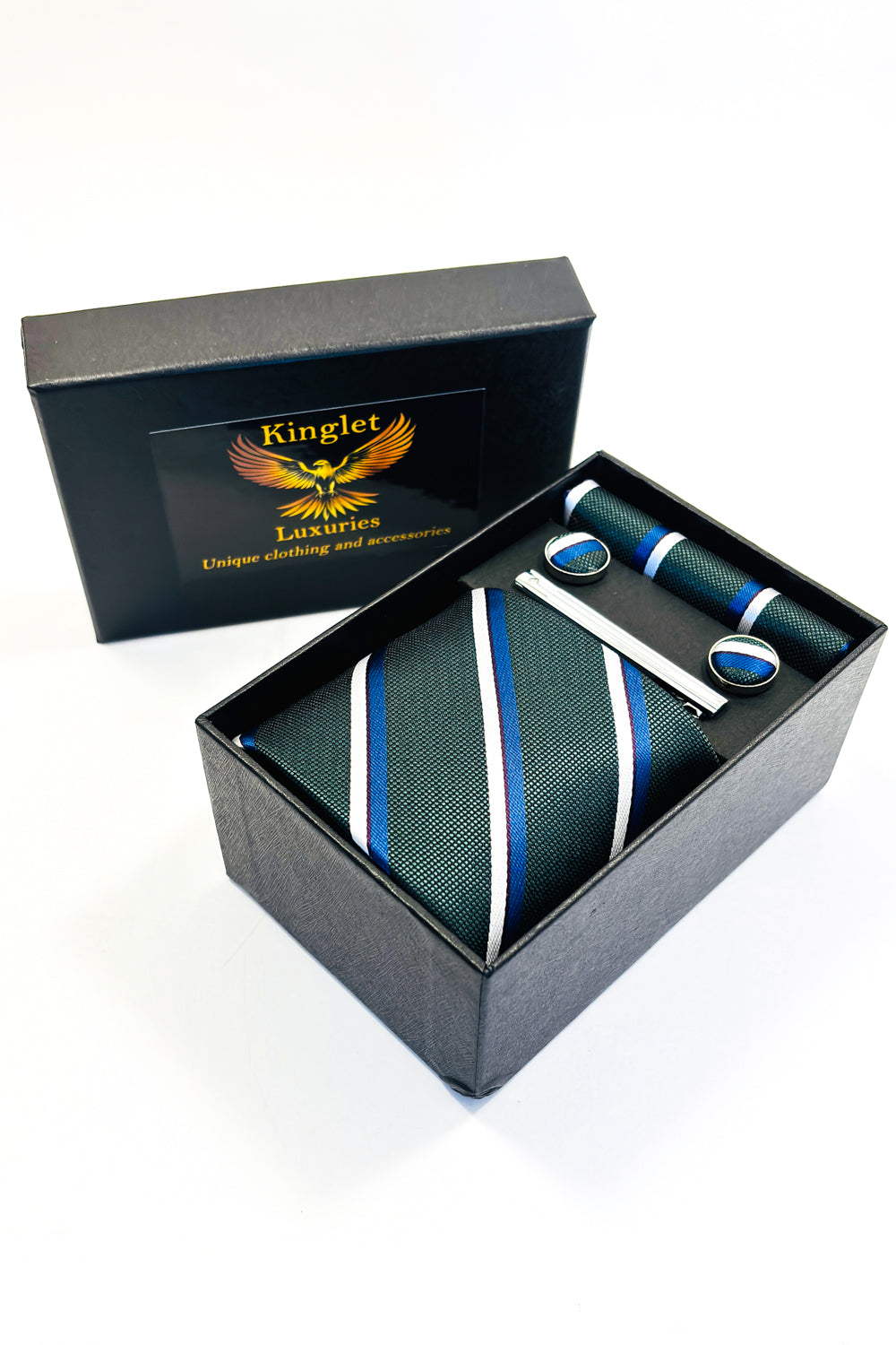 Green, blue, white striped gift box.