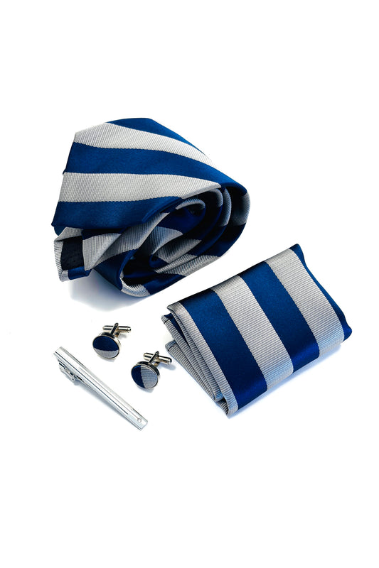 Grey and blue striped gift set.