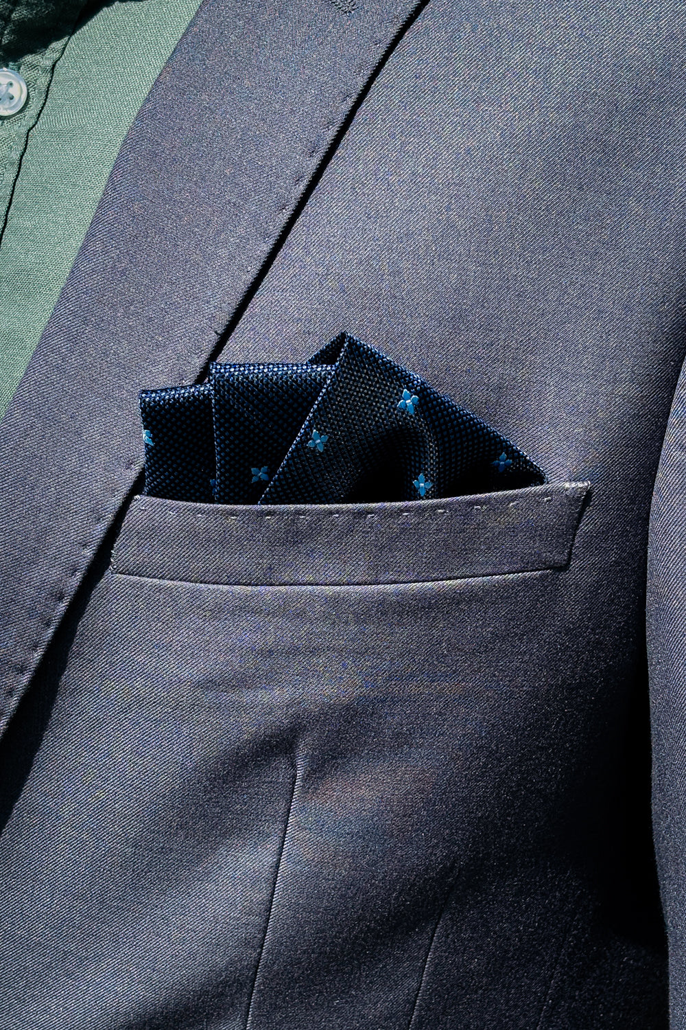 Navy blue & light blue floral design pocket square.