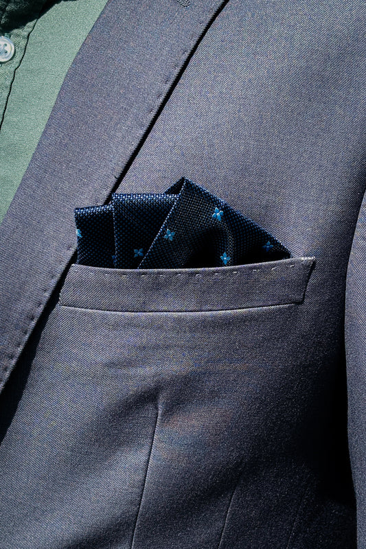 Navy blue & light blue floral design pocket square.