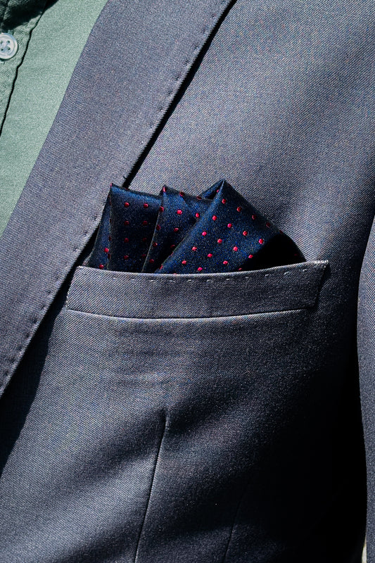 Navy blue & red polka dot design pocket square.