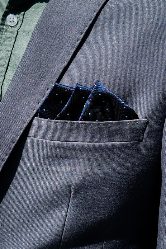 Navy blue, white & red polka dot design pocket square.
