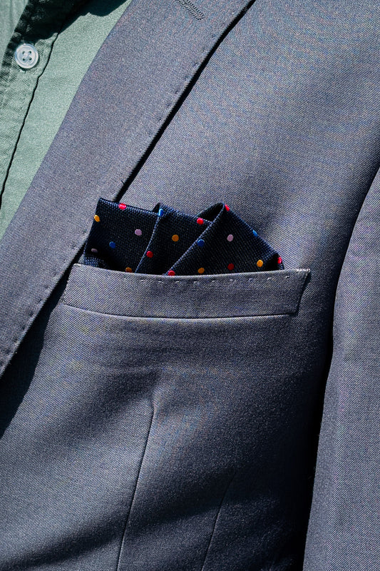 Navy blue & multicoloured polka dot design pocket square.