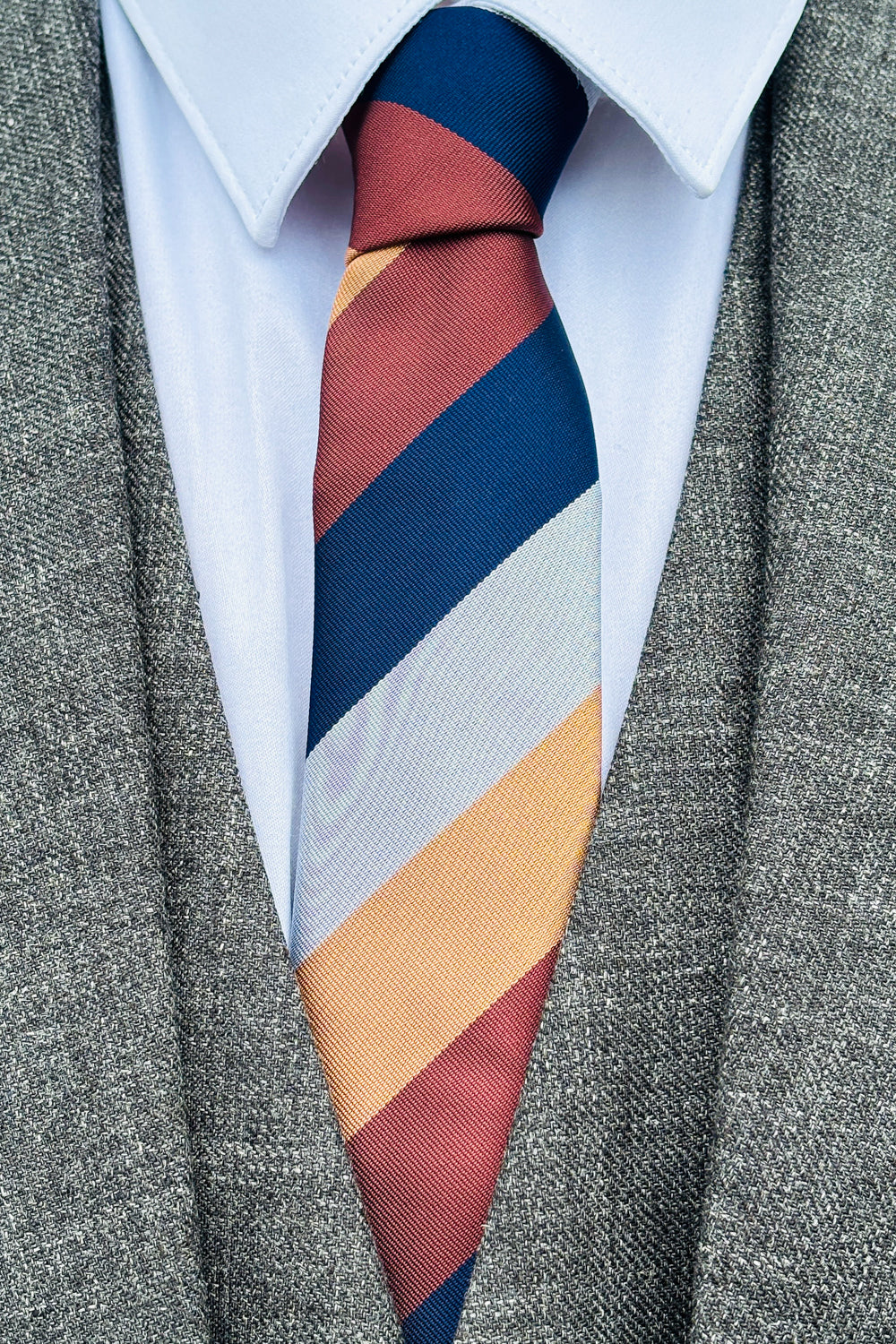 Gold, blue, red & grey striped slim 6cm tie.