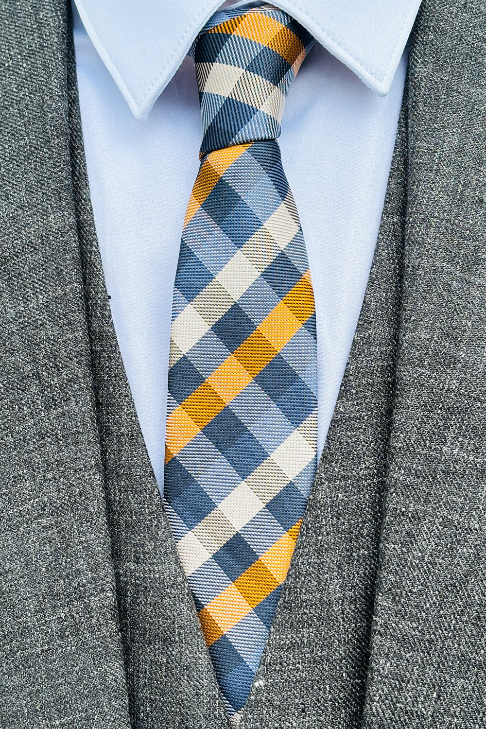 Gold, white, grey & blue check slim 6cm tie.