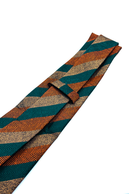Brown, green & orange striped 8cm tie.