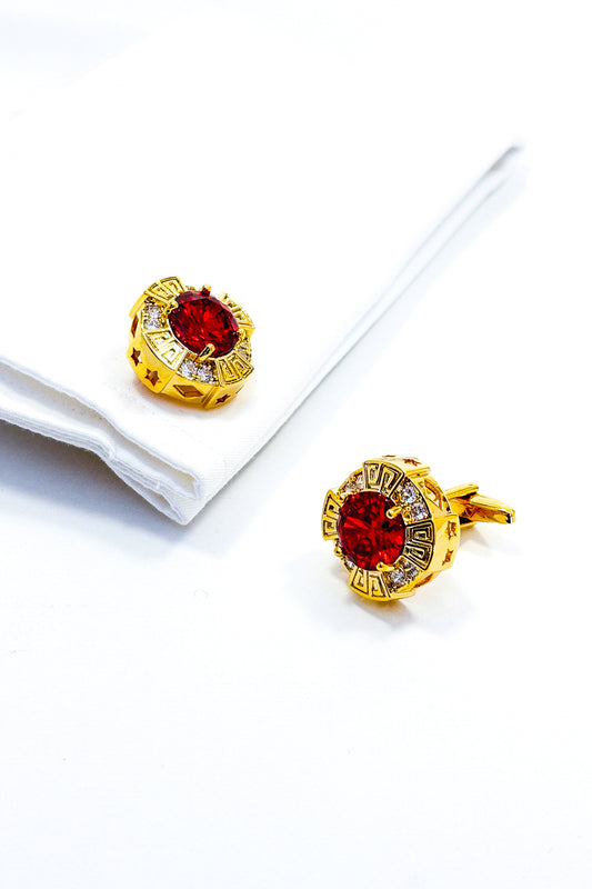 Gold Round Red Crystal cufflinks.