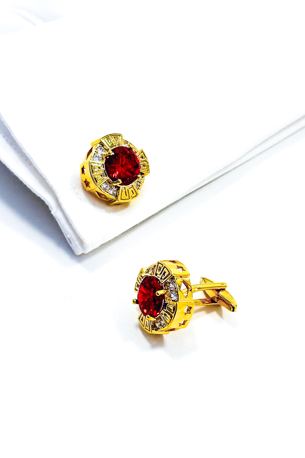 Gold Round Red Crystal cufflinks.