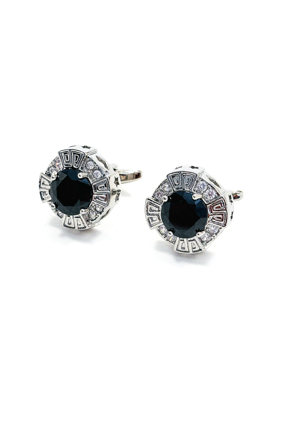 Silver round black crystal cufflinks.