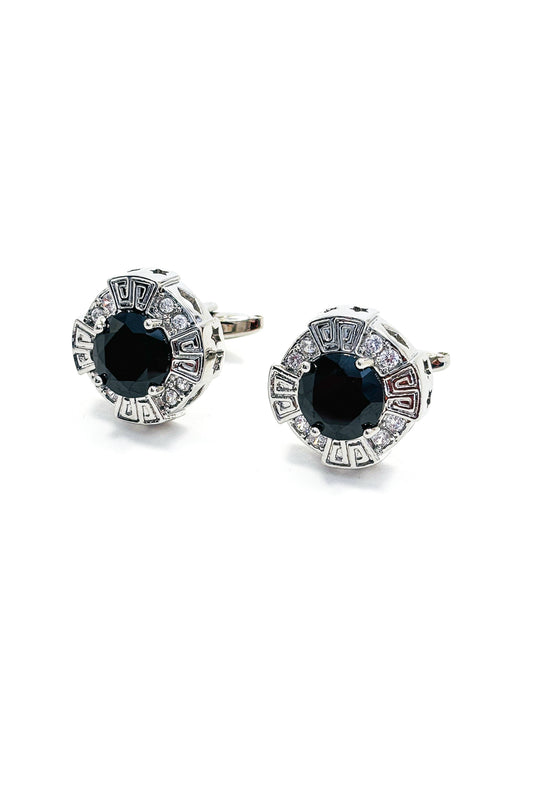Silver round black crystal cufflinks.