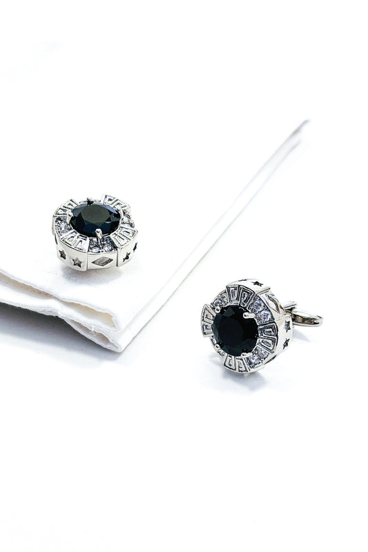 Silver round black crystal cufflinks.