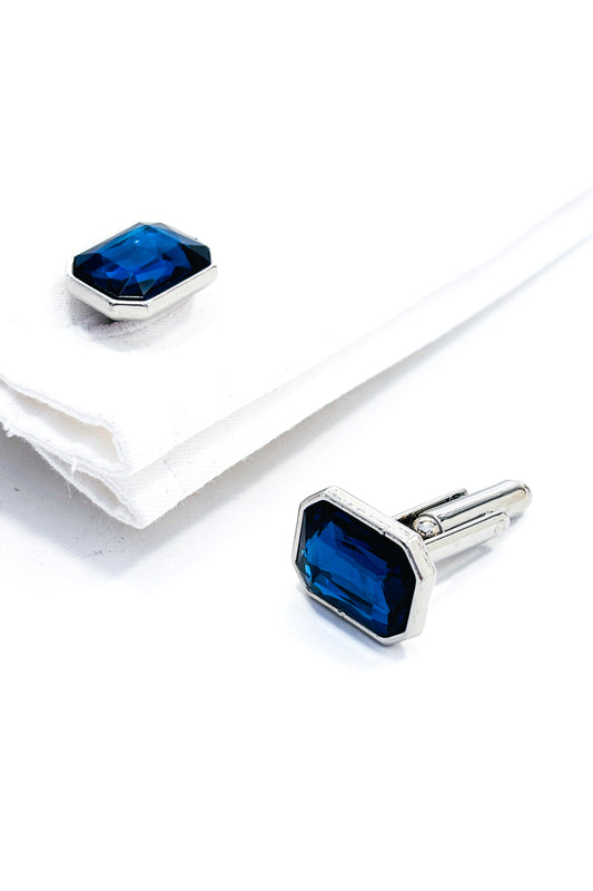 Kashmir blue emerald cut crystal silver cufflinks.