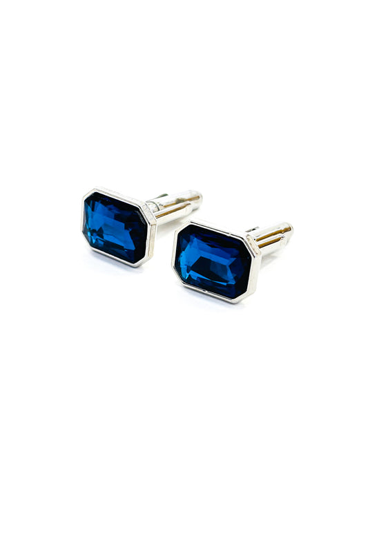 Kashmir blue emerald cut crystal silver cufflinks.