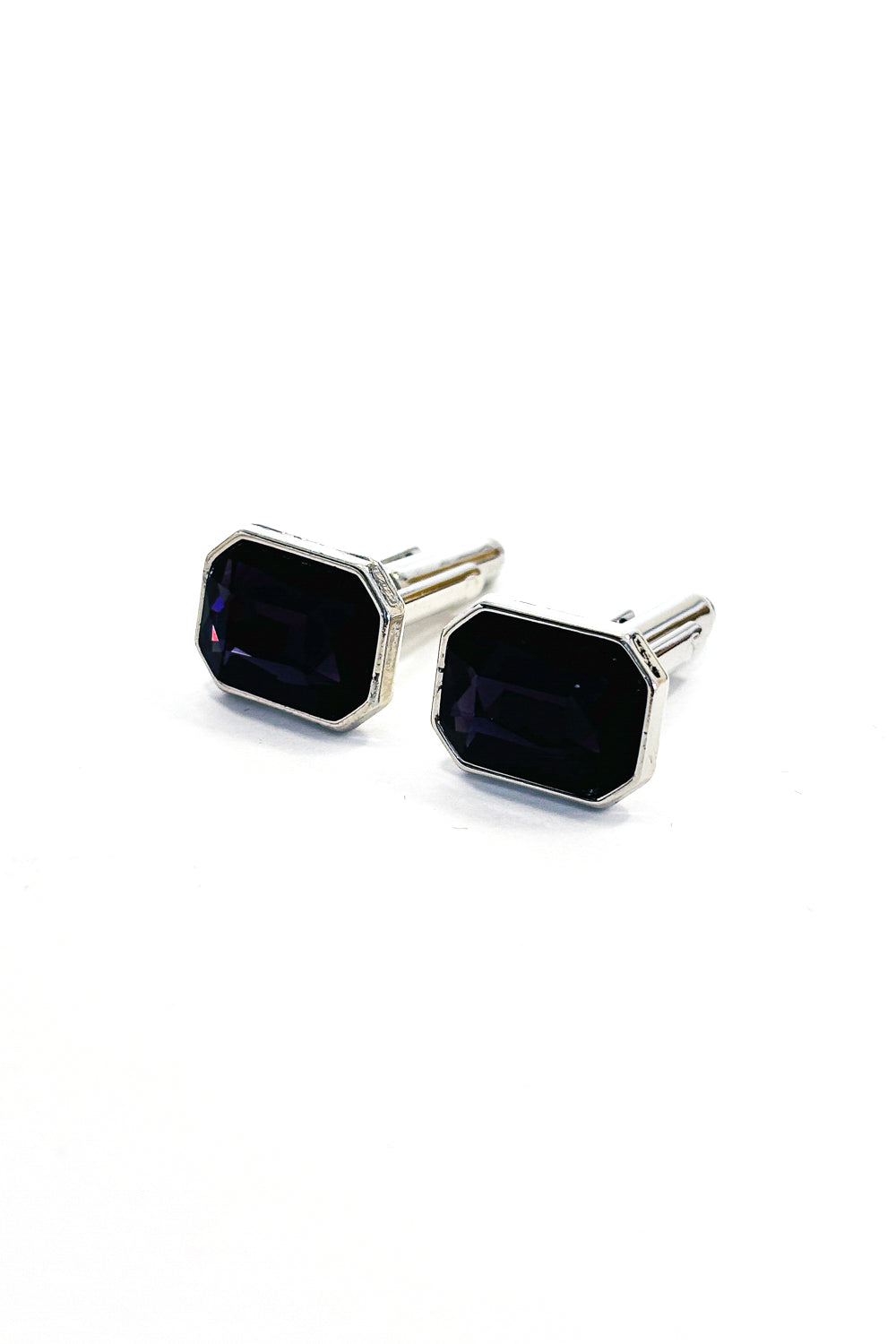 Deep purple emerald cut crystal silver cufflinks.