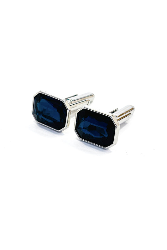 Ceylon blue emerald cut silver cufflinks.
