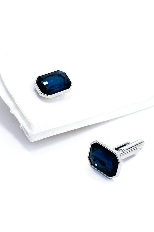 Ceylon blue emerald cut silver cufflinks.