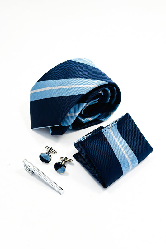 Blue & white striped gift box.