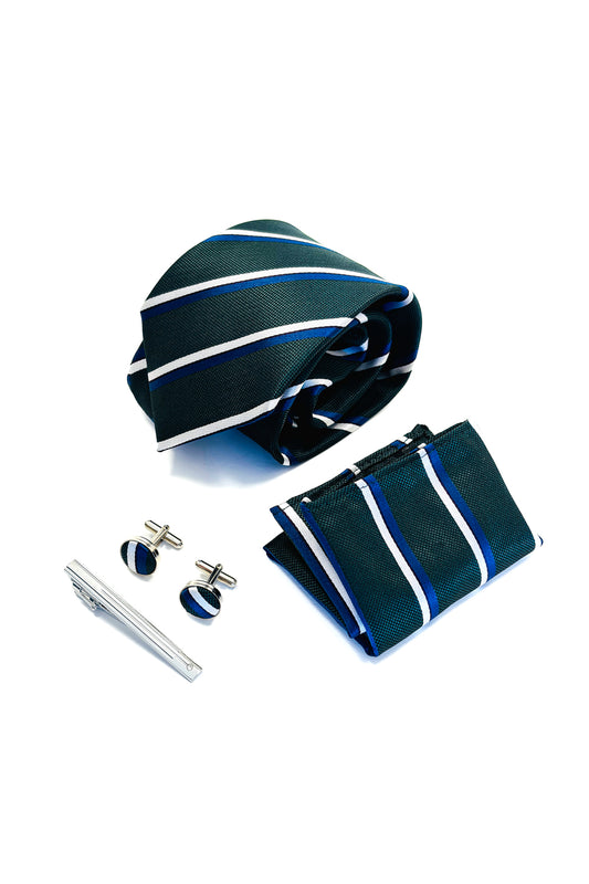 Green, blue, white striped gift box.