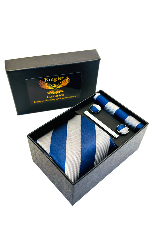 Grey and blue striped gift set.