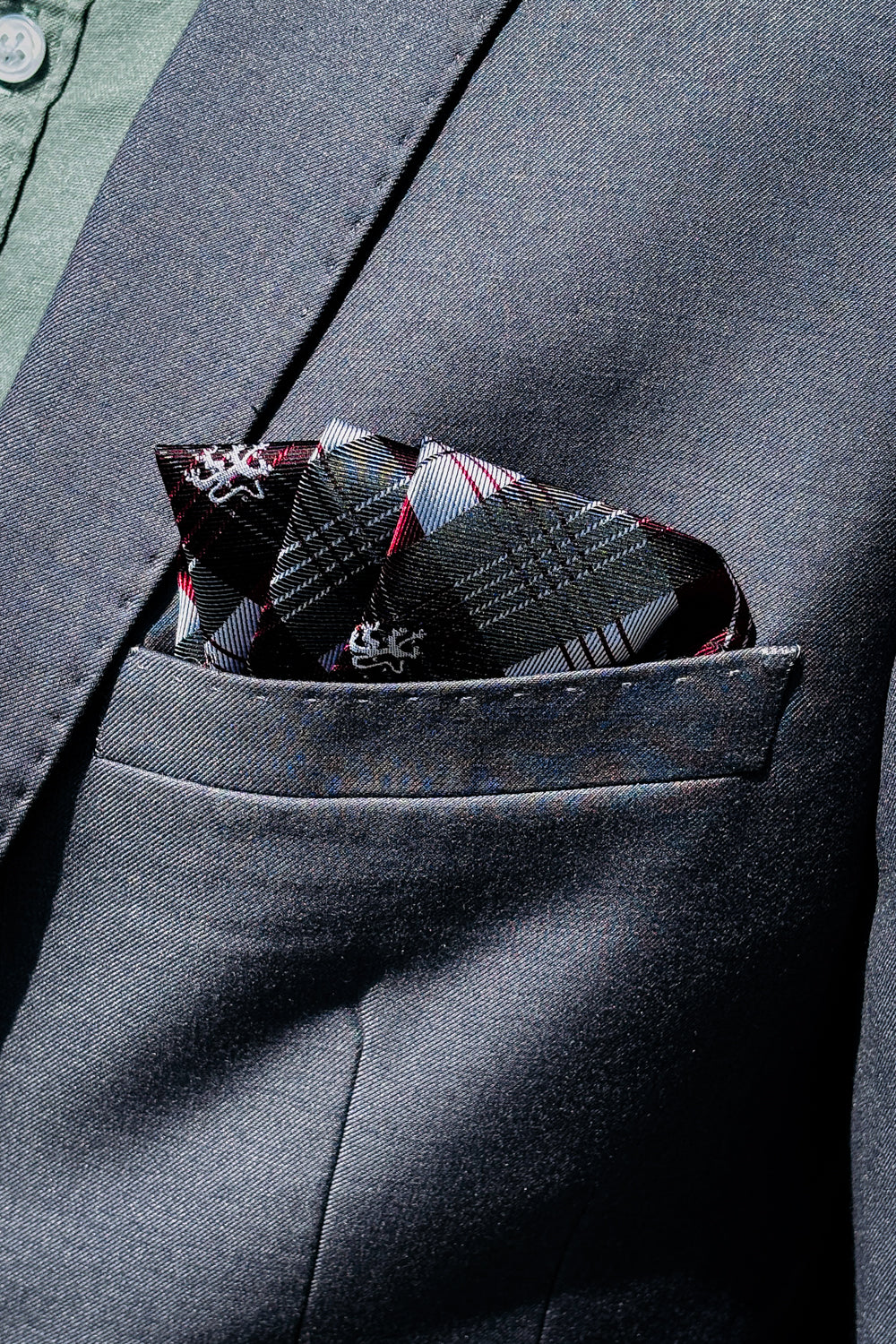 Black, grey & red plaid design pocket square.