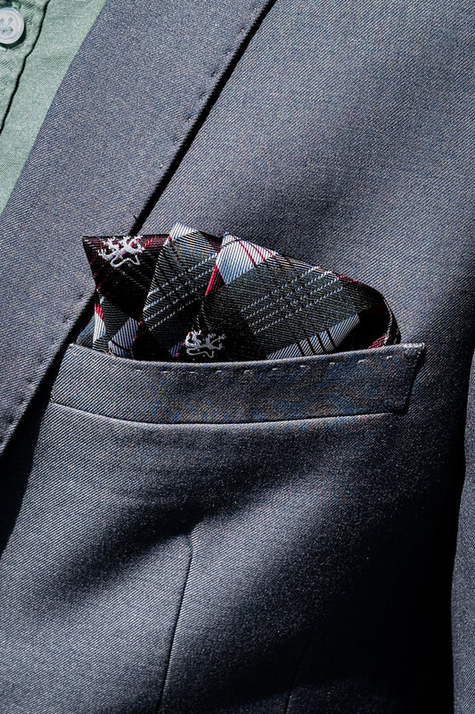 Black, grey & red plaid design pocket square.