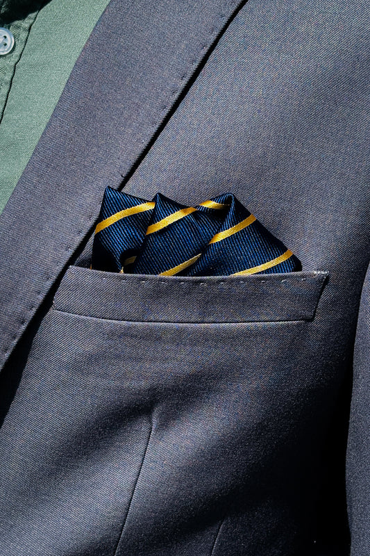 Navy blue & gold striped design pocket square.