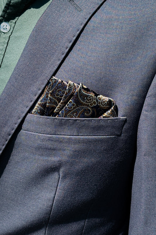 Blue, gold & white Paisley design pocket square.
