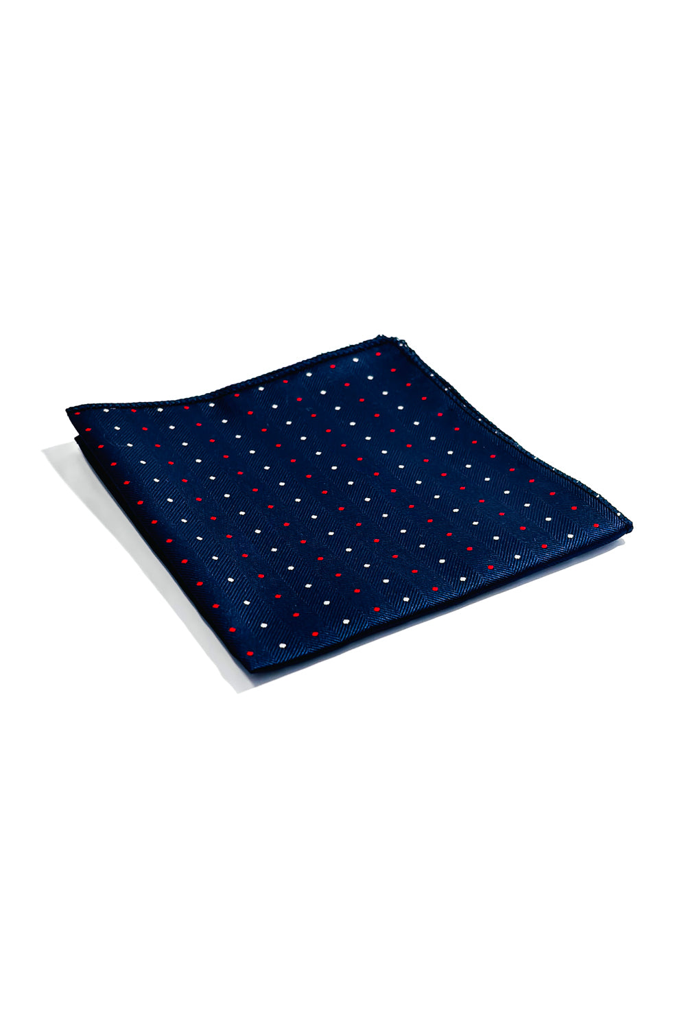 Navy blue, white & red polka dot design pocket square.