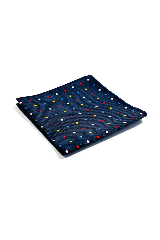 Navy blue & multicoloured polka dot design pocket square.