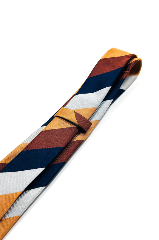 Gold, blue, red & grey striped slim 6cm tie.