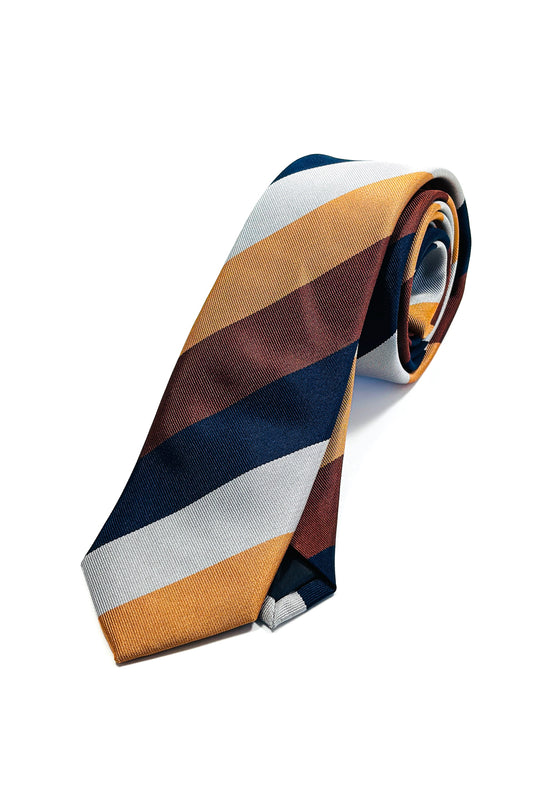 Gold, blue, red & grey striped slim 6cm tie.