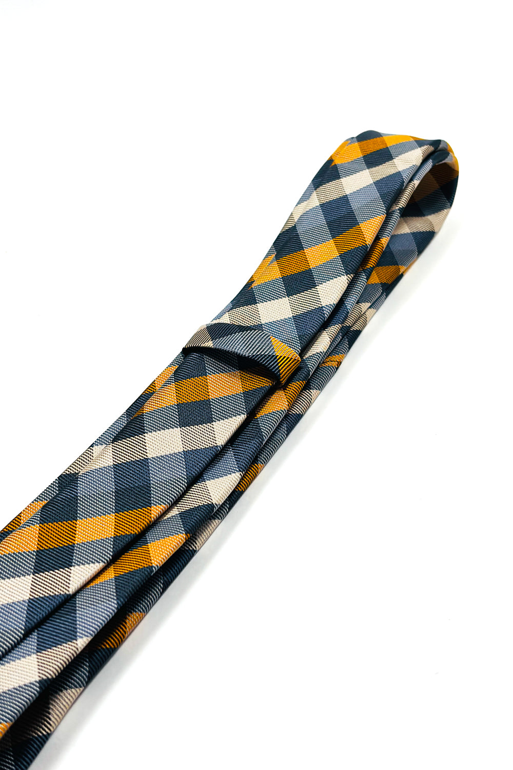 Gold, white, grey & blue check slim 6cm tie.