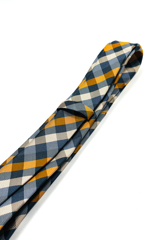 Gold, white, grey & blue check slim 6cm tie.