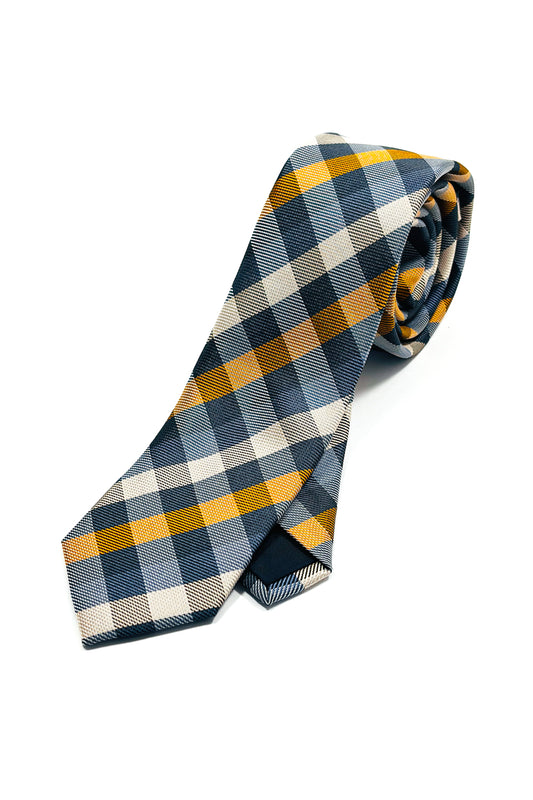 Gold, white, grey & blue check slim 6cm tie.