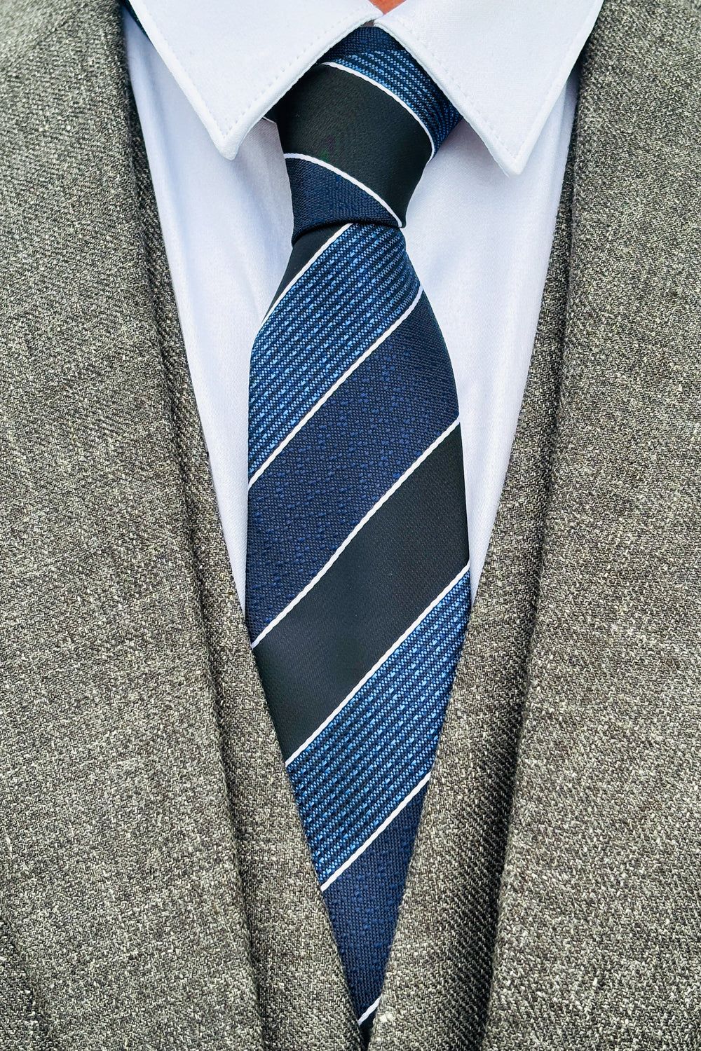 Blue, black & white striped slim 6cm tie