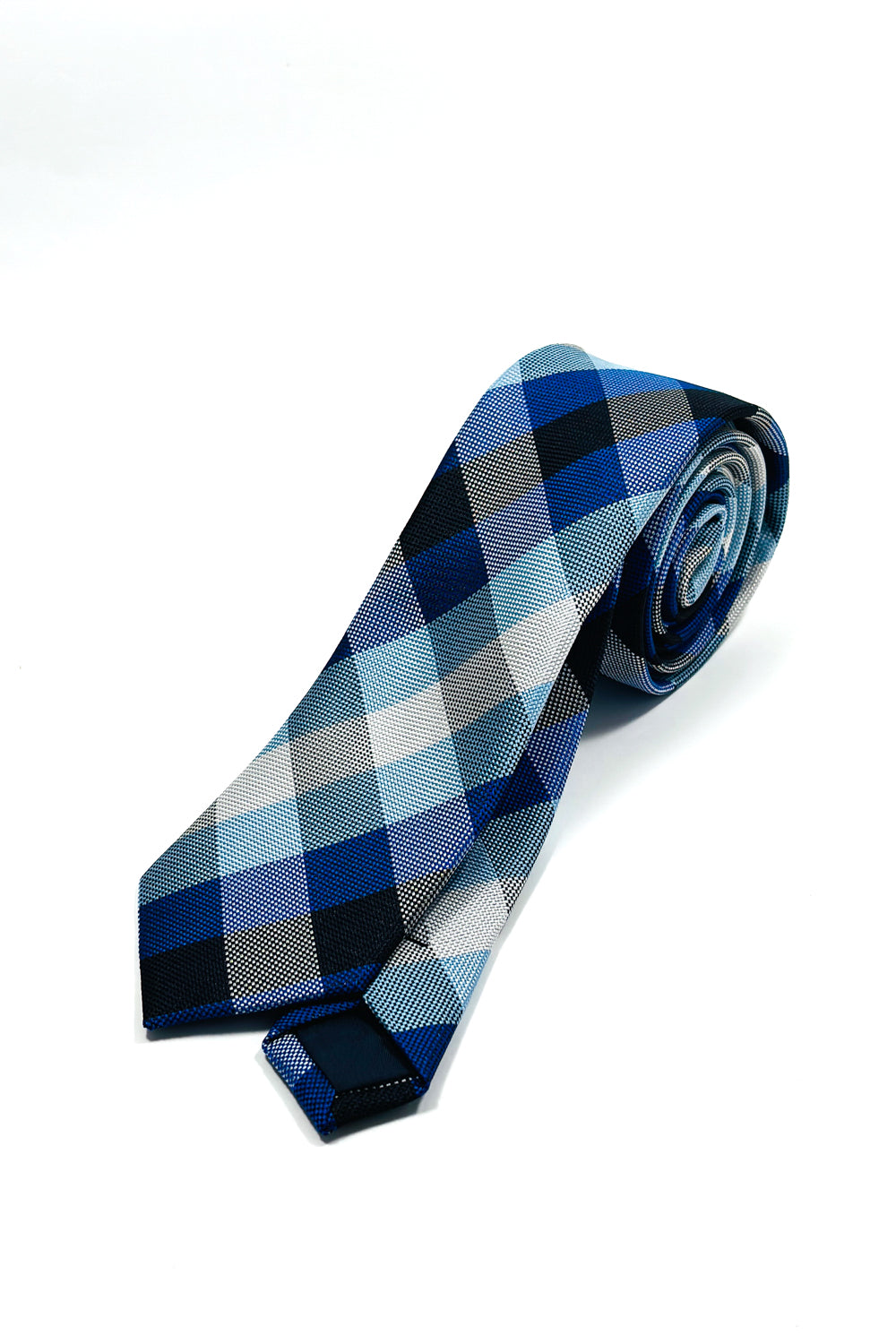 Blue, white & black check slim 6cm tie.