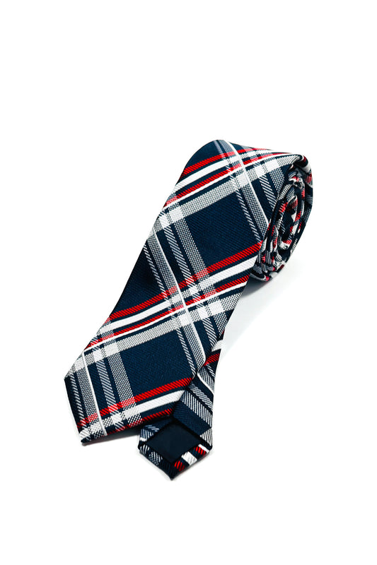 Blue, red & white plaid slim 6cm tie.