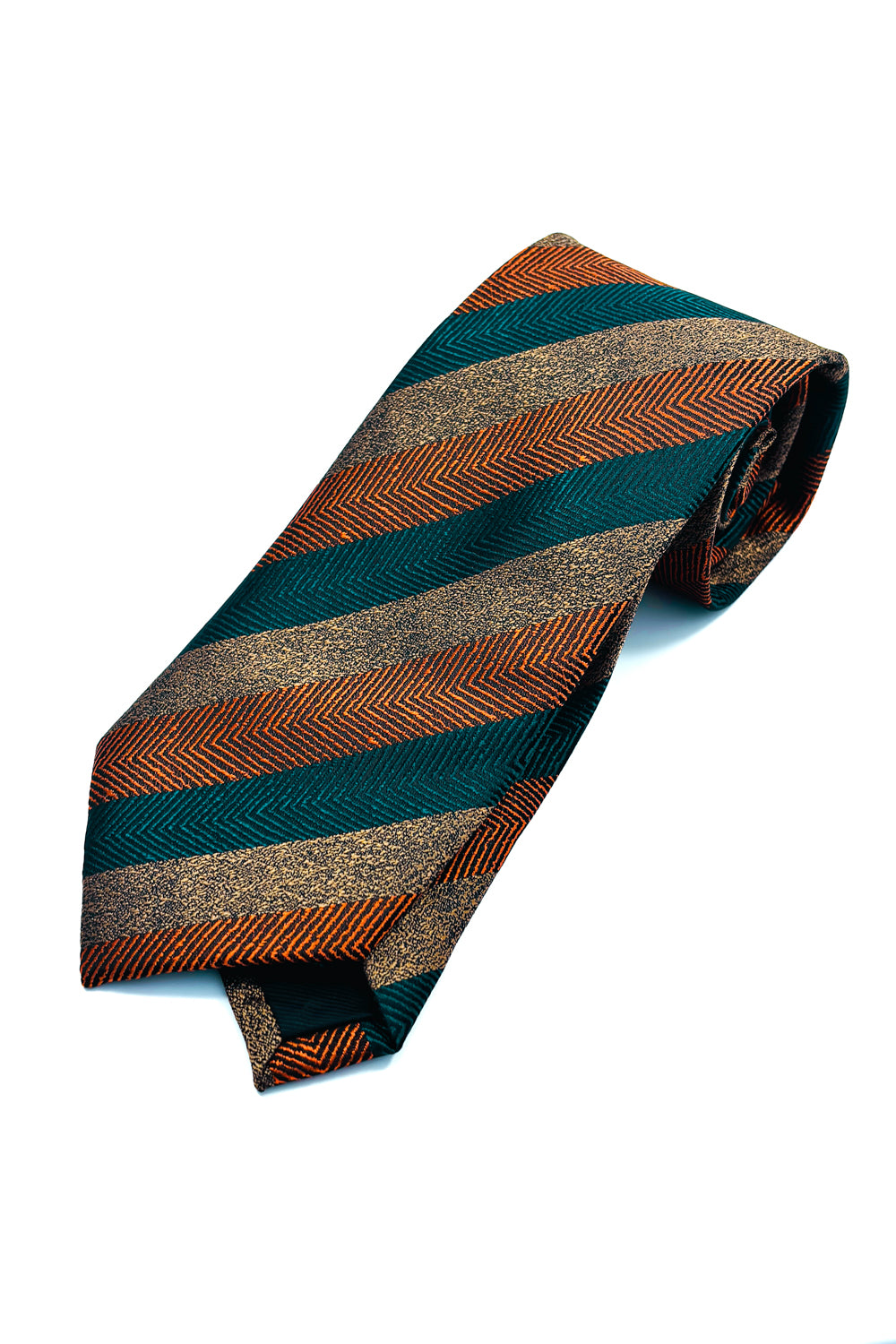 Brown, green & orange striped 8cm tie.