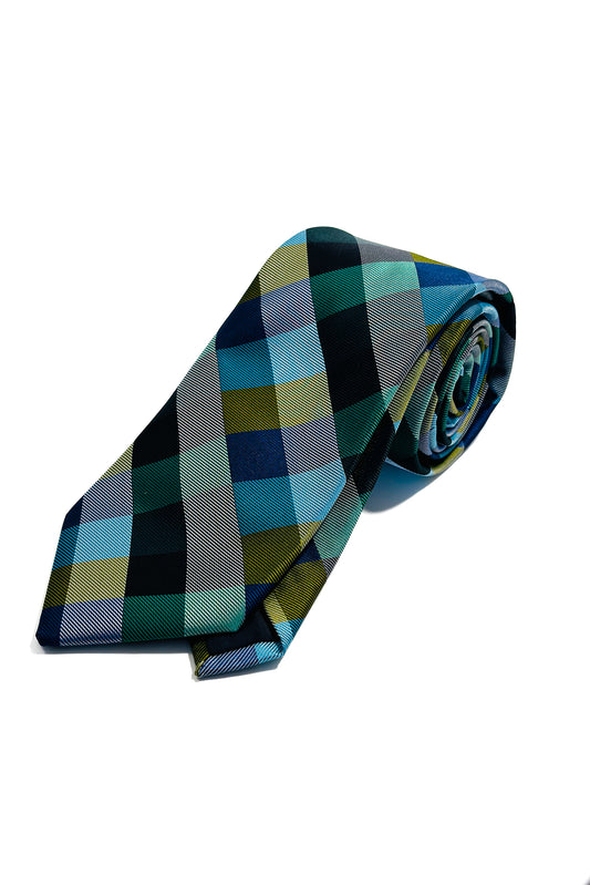 Blue, green, gold & grey check 8cm tie.