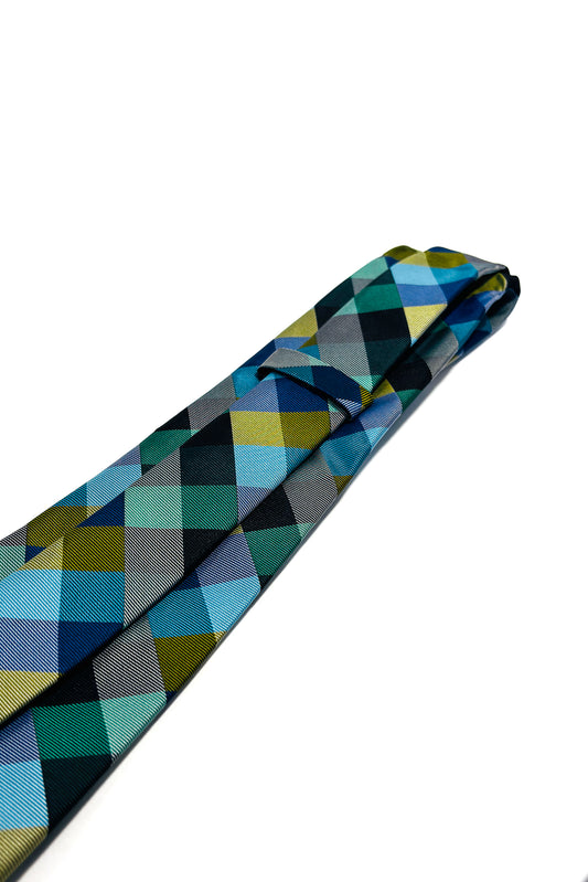 Blue, green, gold & grey check 8cm tie.