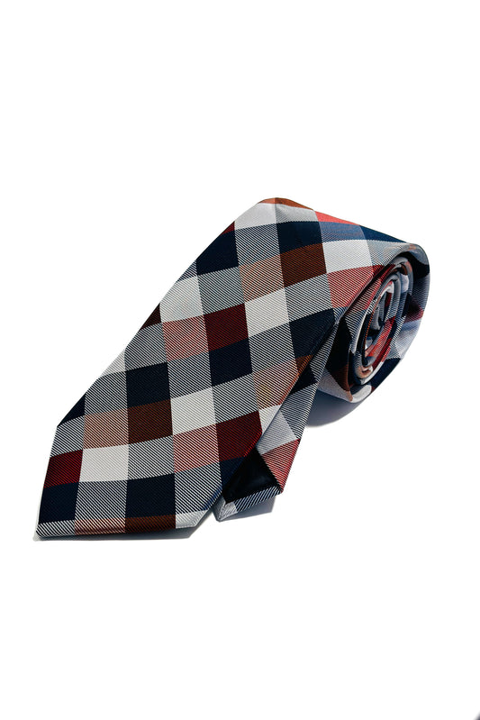Blue, grey, white, pink, red & brown check 8cm tie.
