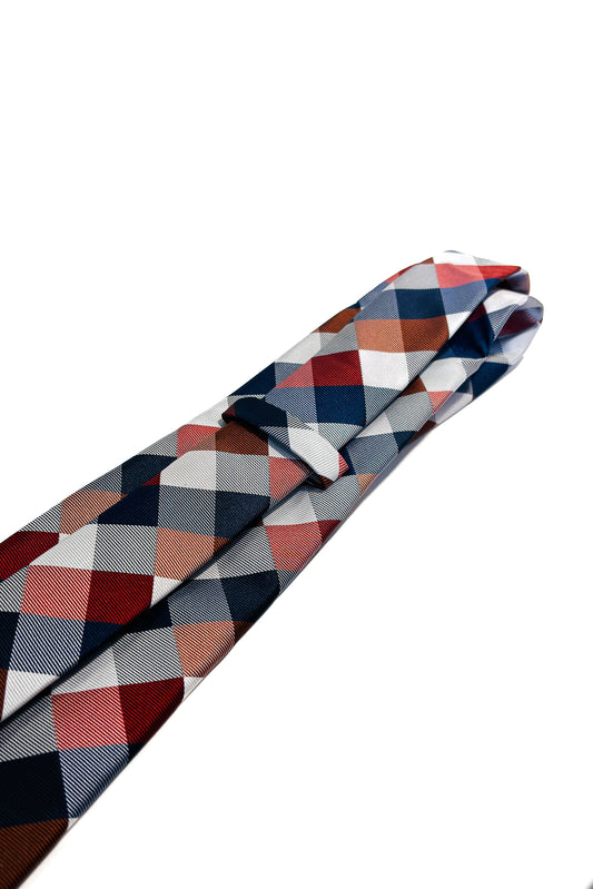 Blue, grey, white, pink, red & brown check 8cm tie.