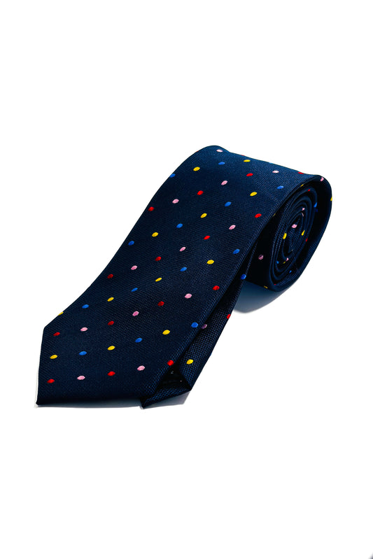 Navy blue, multicoloured polka dot 8cm tie.