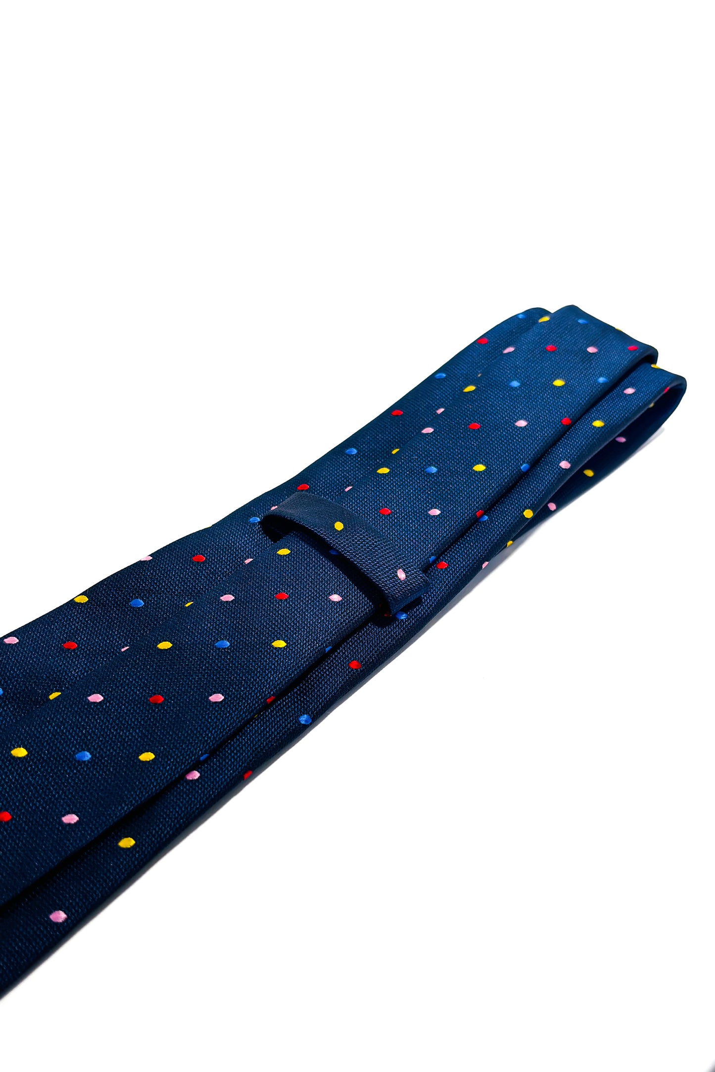 Navy blue, multicoloured polka dot 8cm tie.