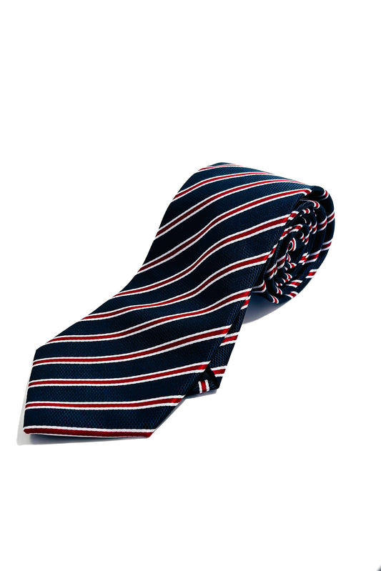 Navy blue, red & white striped 8cm tie.