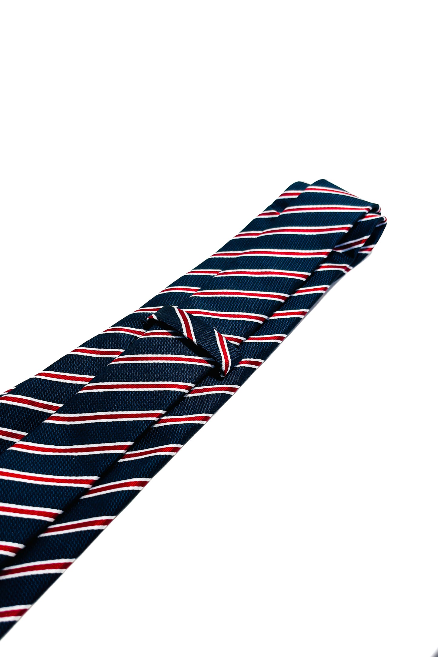 Navy blue, red & white striped 8cm tie.