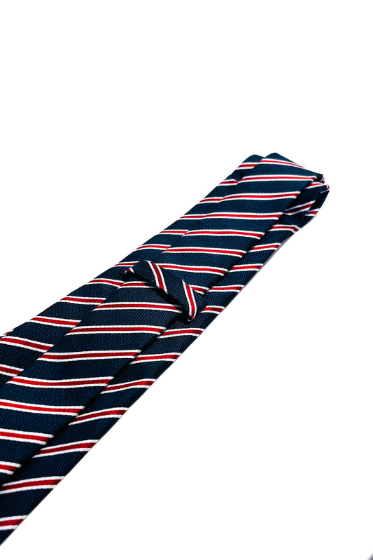 Navy blue, red & white striped 8cm tie.
