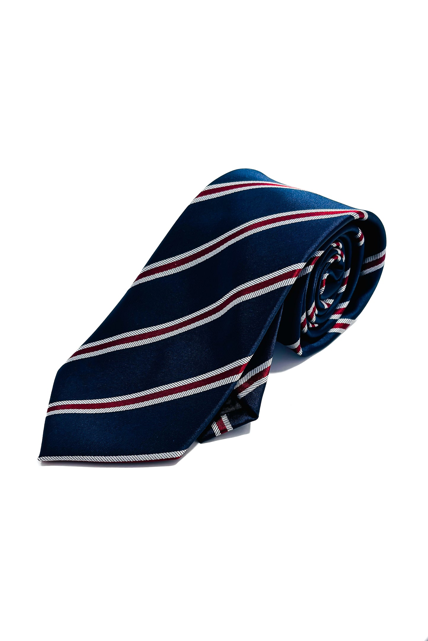 Navy blue, red & grey striped 8cm tie.