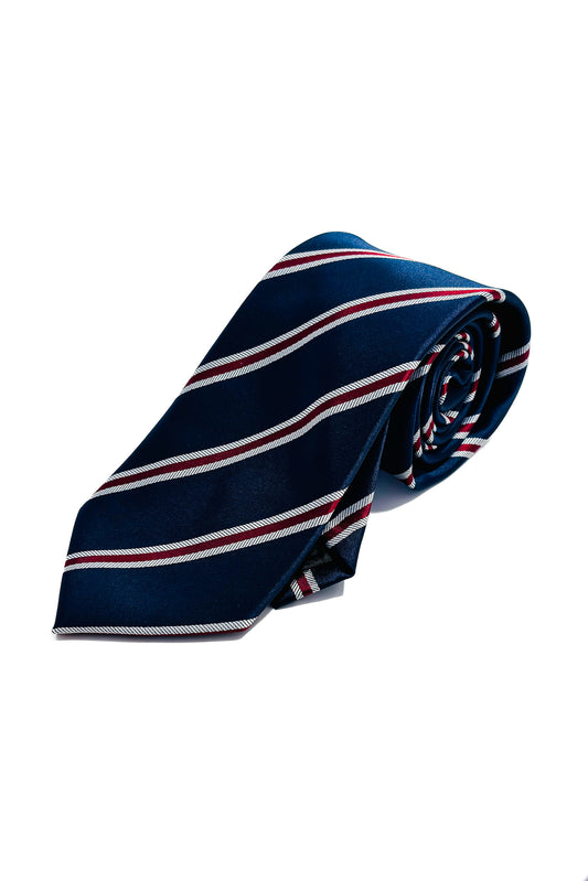 Navy blue, red & grey striped 8cm tie.
