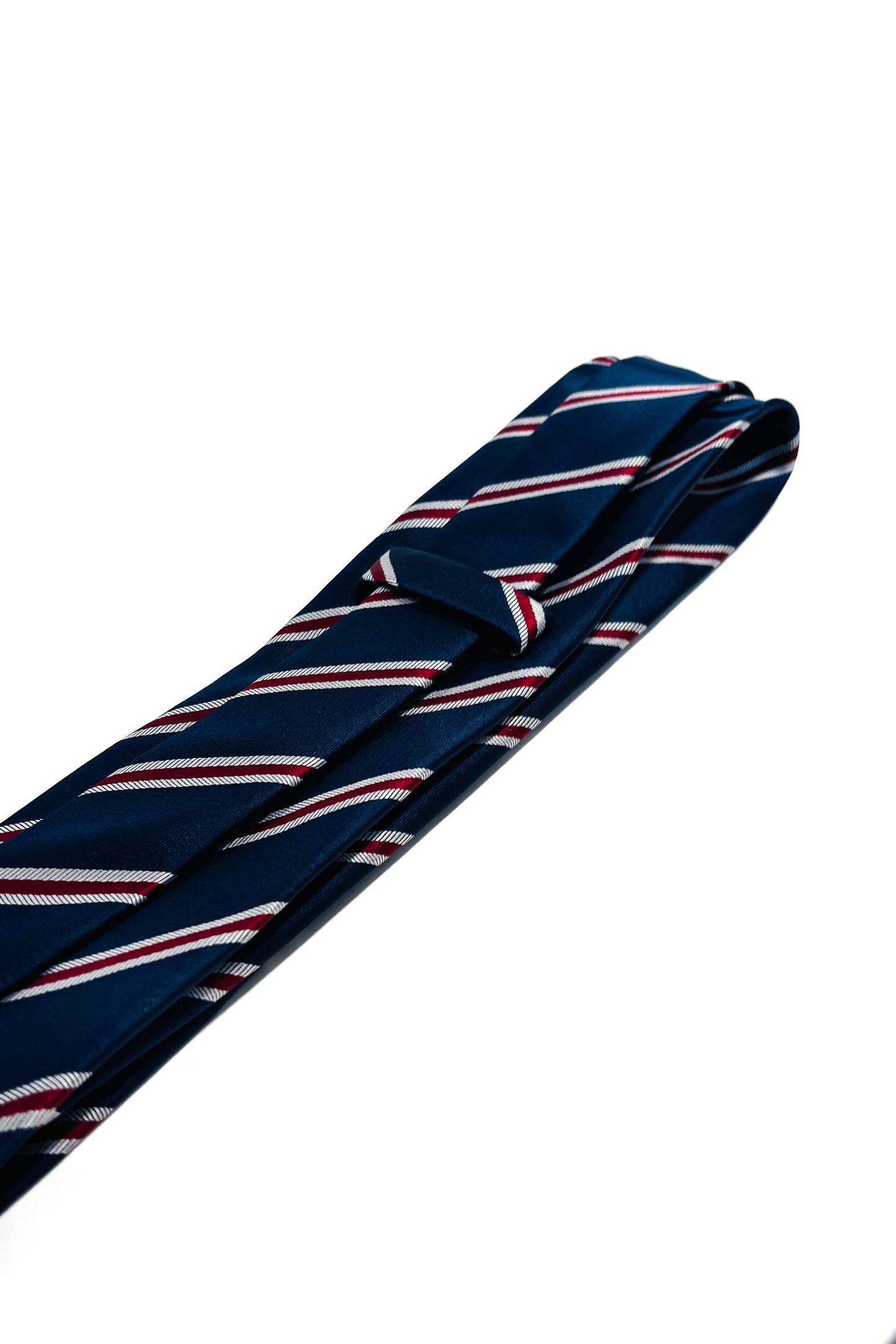 Navy blue, red & grey striped 8cm tie.